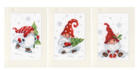 Vervaco Counted Cross Stitch Kit Christmas Gnomes in the Snow Greeting Cards Set of 3 