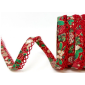12mm Red Christmas Poinsettia Print Lace Edge Bias Binding