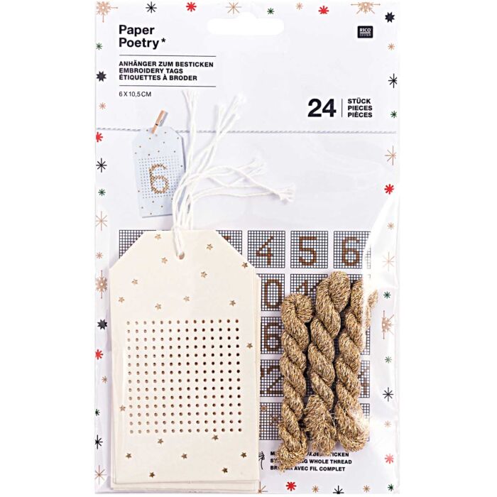 24 Rico Stitchable White Embroidery with Star detail Tags and Gold Thread