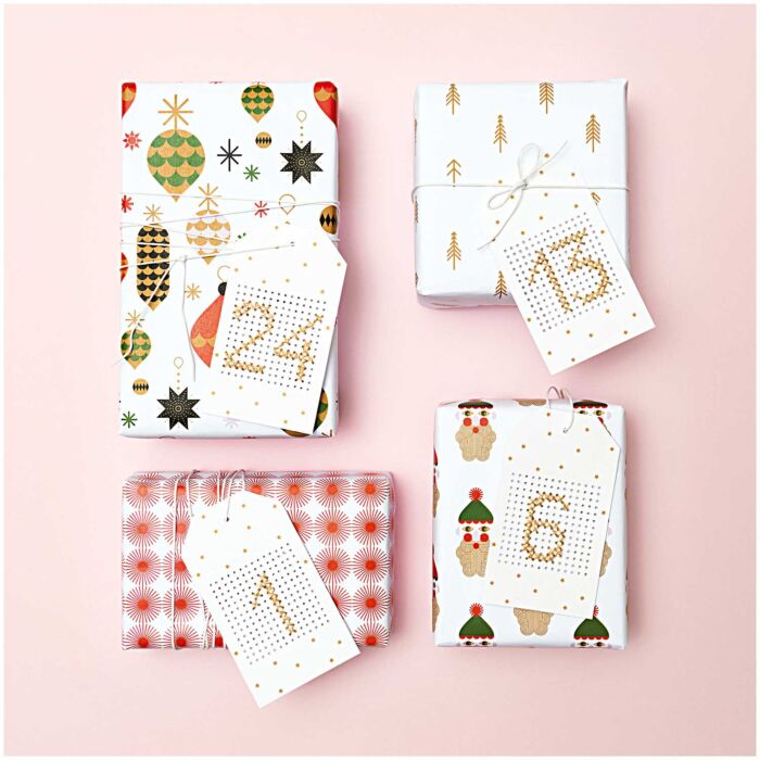24 Rico Stitchable White Embroidery with Star detail Tags and Gold Thread