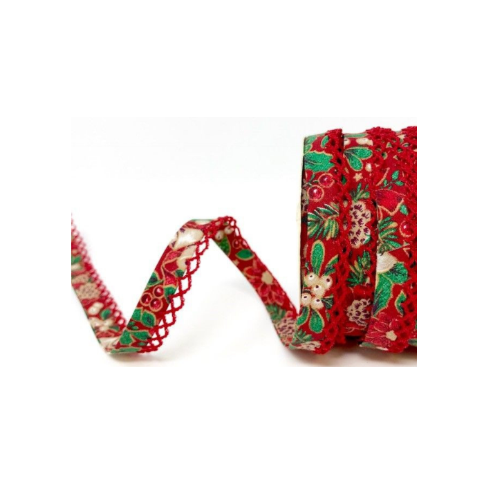 12mm Red Christmas Poinsettia Print Lace Edge Bias Binding