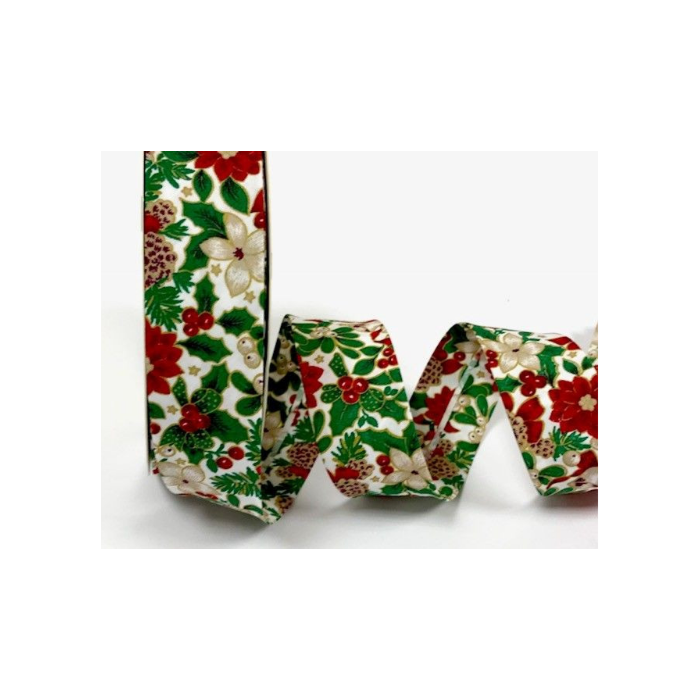 30mm White Christmas Poinsettia Print Bias Binding
