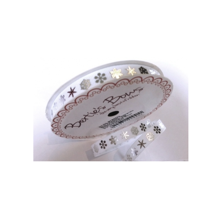 BTB052 - 9mm Silver Snowflake on White Grosgrain Ribbon