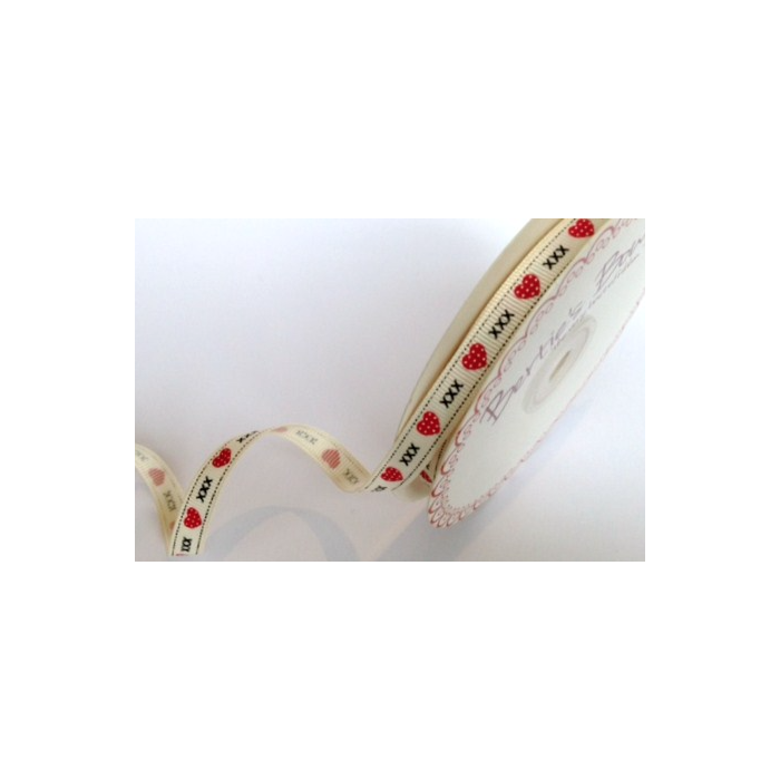 BTB082 - 9mm Polka Dot Hearts & Kisses Cream Grosgrain Ribbon