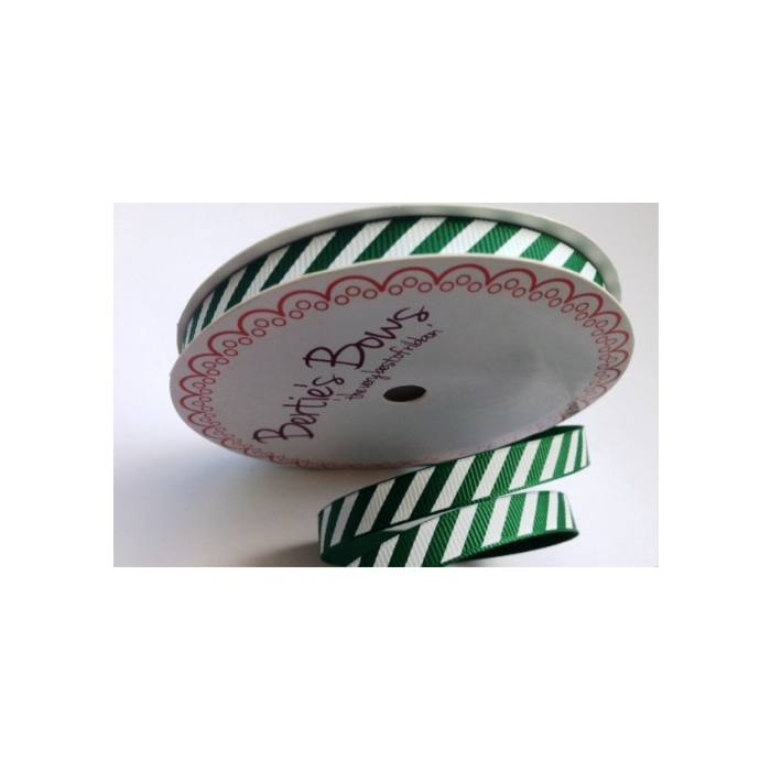 BTB130 - 9mm Green & White Stripes Grosgrain Ribbon
