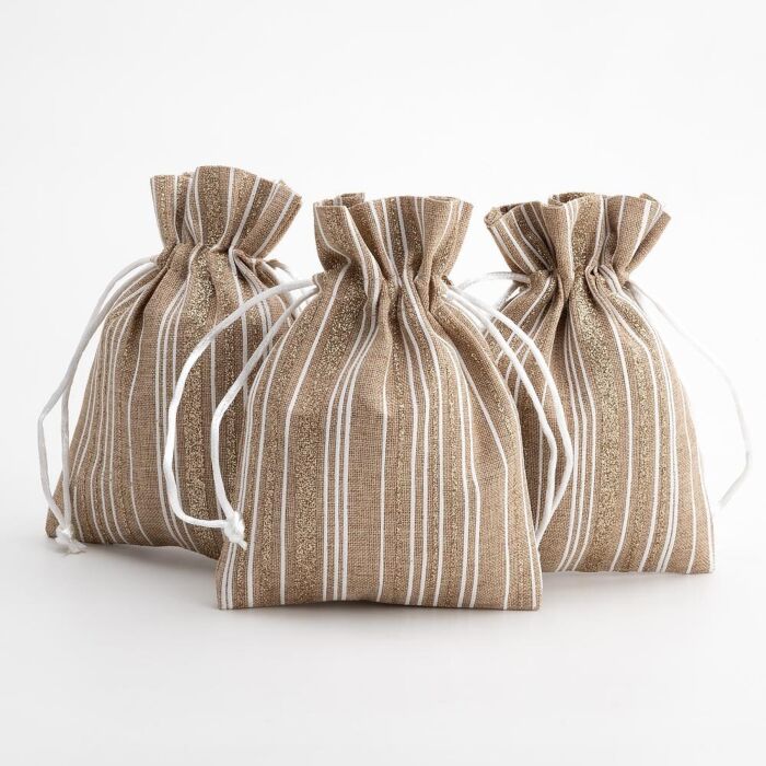 Glittery Gift Bag - Natural/Gold Stripe - Pk of 3