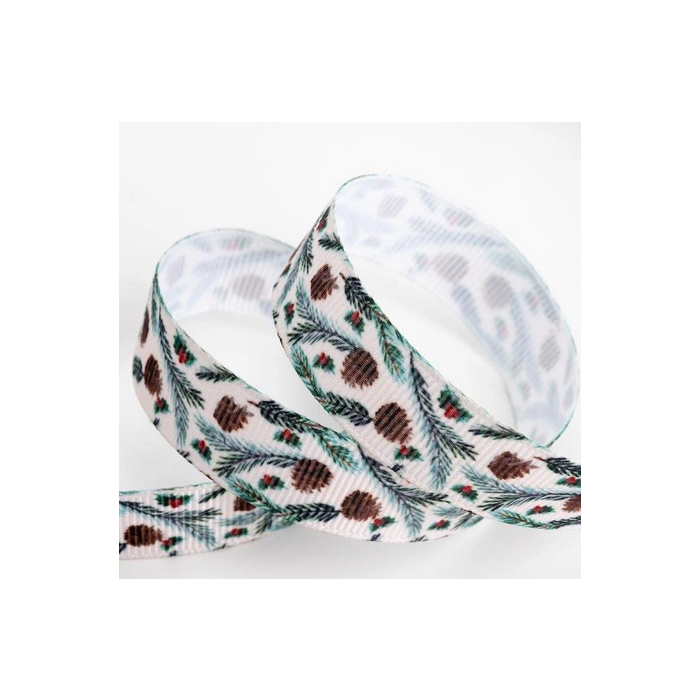 Pine Cone & Holly Grosgrain Taupe 16mm