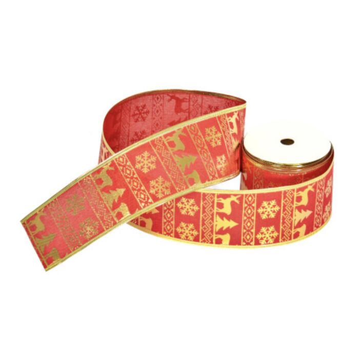 Wired Burlap Gold/Red Fancy Reindeer 63mm wide