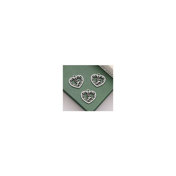 Valentines Rose Heart Charm x 3