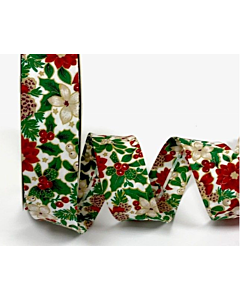 30mm White Christmas Poinsettia Print Bias Binding