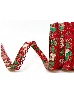 12mm Red Christmas Poinsettia Print Lace Edge Bias Binding