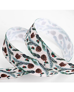 Pine Cone & Holly Grosgrain Taupe 16mm