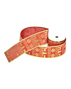 Wired Burlap Gold/Red Fancy Reindeer 63mm wide